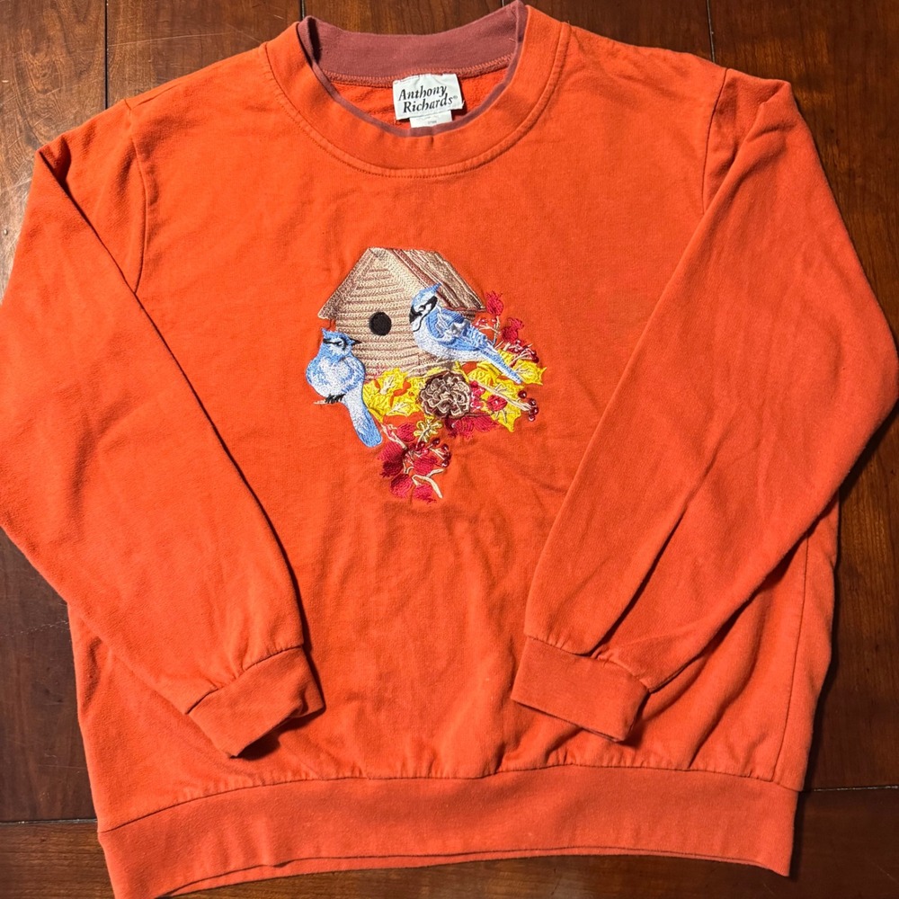 Anthony Richards Bluebirds‎ Birdhouse Orange Embroidered Crewneck Sweatshirt xl